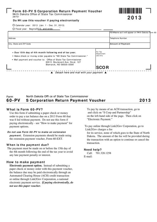 Fillable Form 60-Pv - S Corporation Return Payment Voucher - 2013 Printable pdf