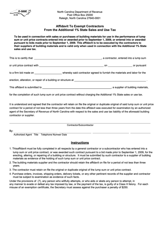 Form E-589e - Affidavit To Exempt Contractors From The Additional 1% State Sales And Use Tax Printable pdf