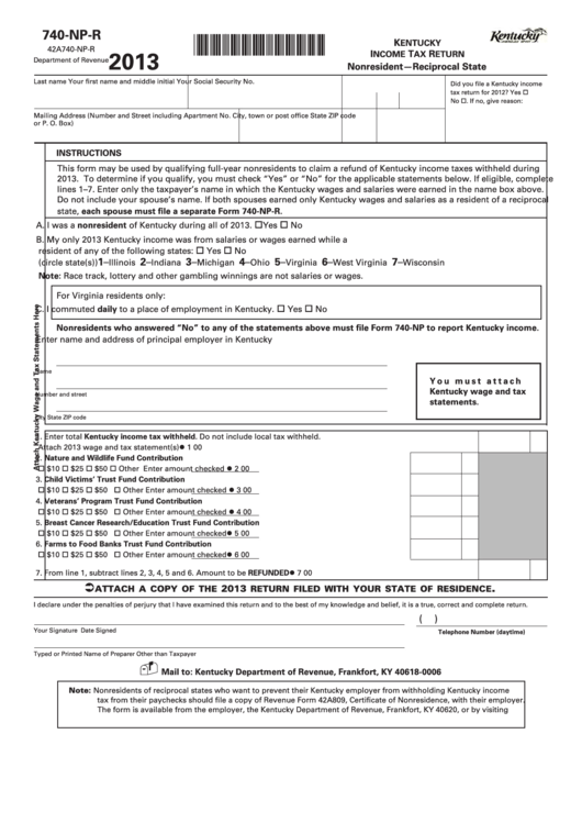 Fillable Form 740-Np-R - Kentucky Income Tax Return - 2013 Printable pdf