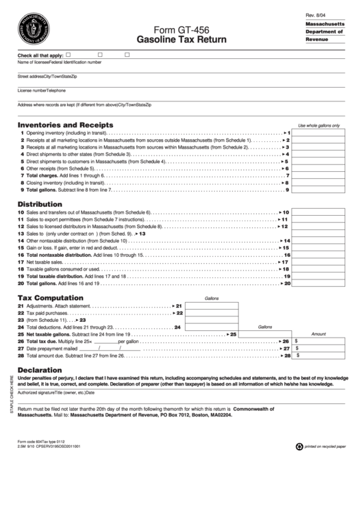 Fillable Form Gt-456 - Gasoline Tax Return Printable pdf