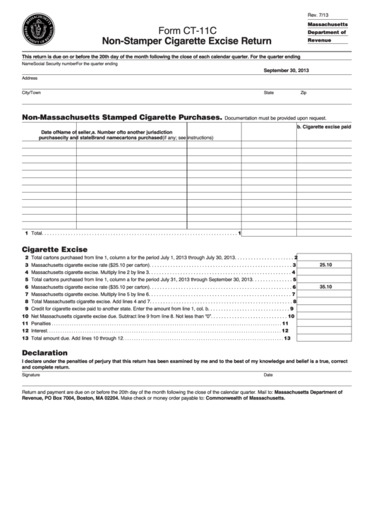 Fillable Form Ct-11c - Non-Stamper Cigarette Excise Return Printable pdf