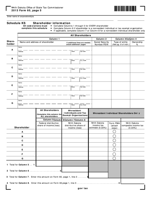 Fillable Schedule Ks (Form 60) - Shareholder Information - 2013 Printable pdf
