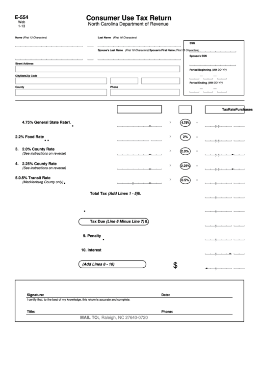 Fillable Form E-554 - Consumer Use Tax Return Printable pdf