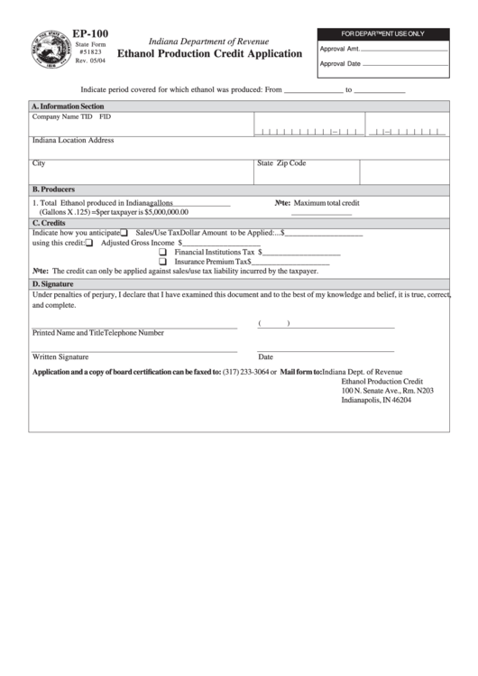 Fillable Form Ep-100 - Ethanol Production Credit Application Printable pdf