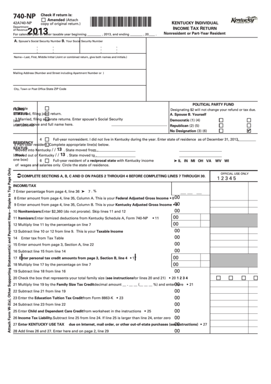 Fillable Form 740-Np - Kentucky Individual Incometax Return For A Nonresident Or Part-Year Resident - 2013 Printable pdf