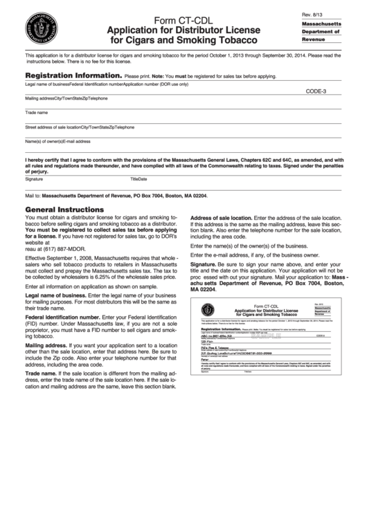 Fillable Form Ct-Cdl - Application For Distributor License For Cigars And Smoking Tobacco Printable pdf