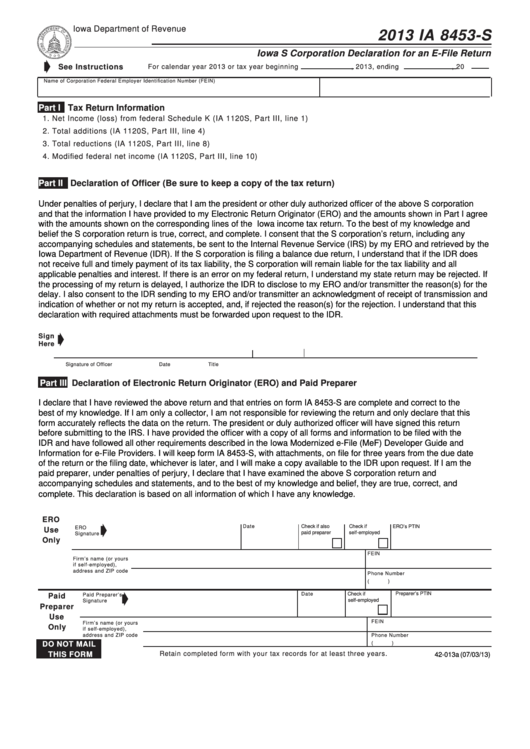 Form Ia 8453-S - Iowa S Corporation Declaration For An E-File Return - 2013 Printable pdf