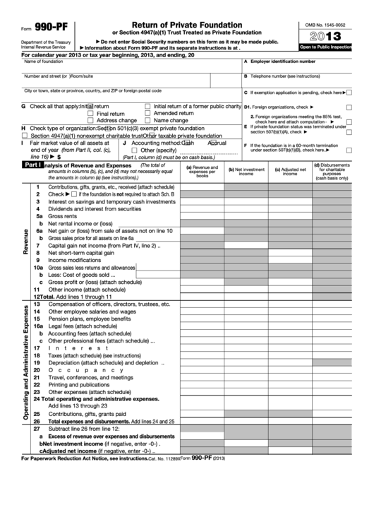 Fillable Form 990-Pf - Return Of Private Foundation - 2013 Printable pdf