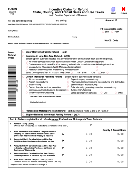 Fillable Form E-585s - Incentive Claim For Refund State, County, And Transit Sales And Use Taxes Printable pdf