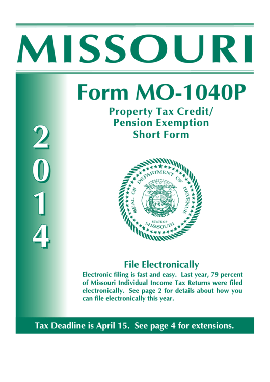 Form Mo-1040p - Missouri Individual Income Tax Return And Property Tax Credit Claim/pension Exemption - 2014 Printable pdf