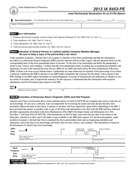 form-ia-8453-pe-iowa-partnership-declaration-for-an-e-file-return-2013-printable-pdf-download