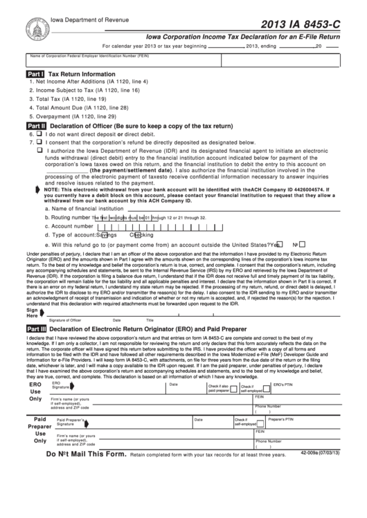 Form Ia 8453-C - Iowa Corporation Income Tax Declaration For An E-File Return - 2013 Printable pdf