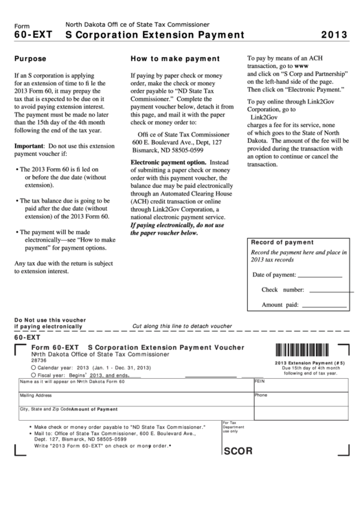 Fillable Form 60-Ext - S Corporation Extension Payment Voucher - 2013 Printable pdf