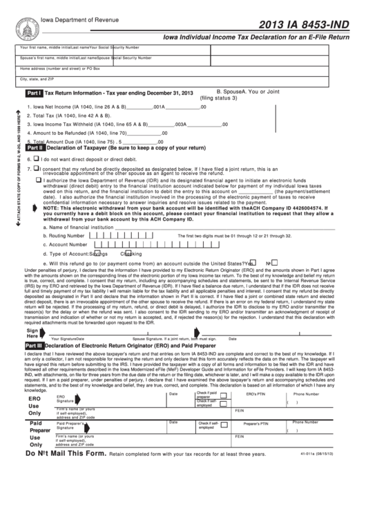 Form Ia 8453-Ind - Iowa Individual Income Tax Declaration For An E-File Return - 2013 Printable pdf