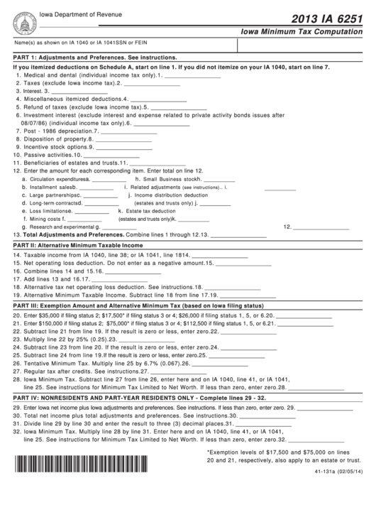 Fillable Form Ia 6251 - Iowa Minimum Tax Computation - 2013 Printable pdf