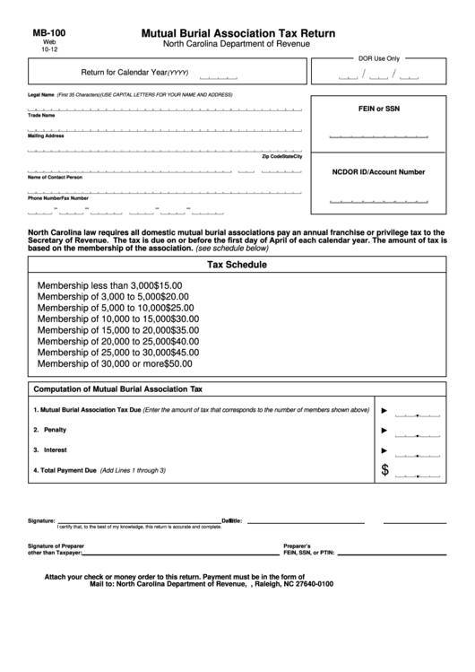 Fillable Form Mb-100 - Mutual Burial Association Tax Return Printable pdf