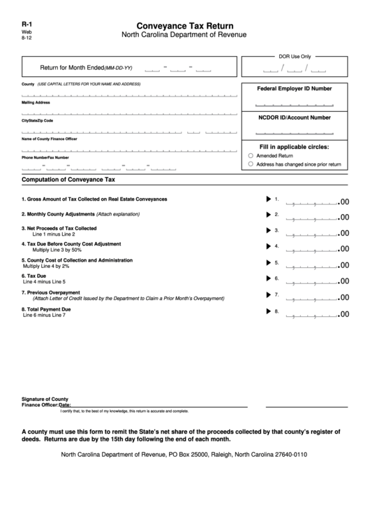Fillable Form R-1 - Conveyance Tax Return Printable pdf