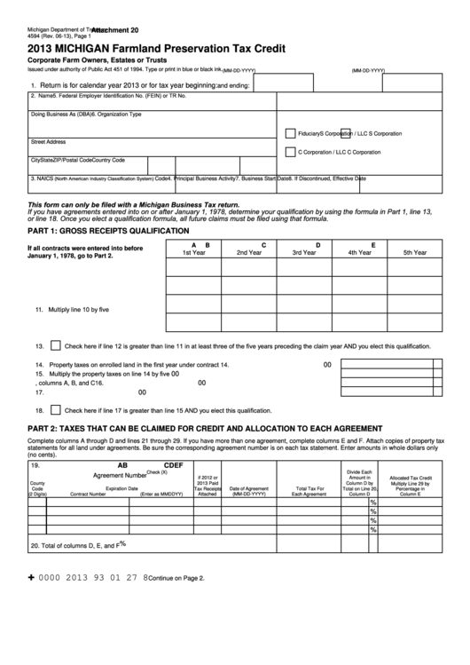 Form 4594 - Michigan Farmland Preservation Tax Credit - 2013 Printable pdf