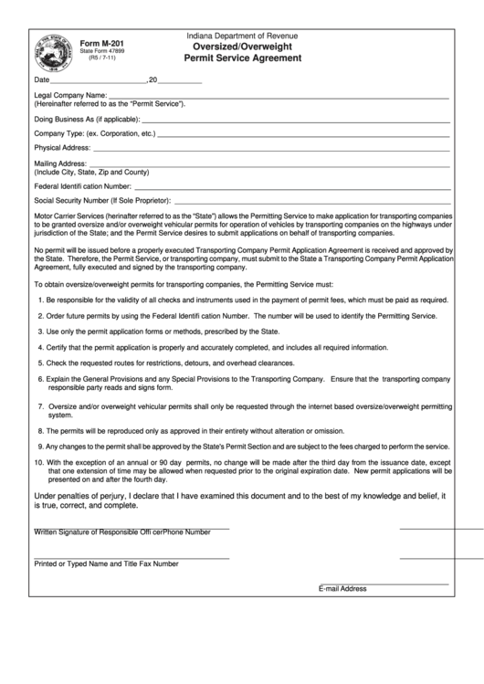 Fillable Form M-201 - Oversized/overweight Permit Service Agreement Printable pdf