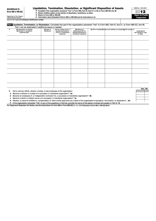 Fillable Schedule N (Form 990 Or 990-Ez) - Liquidation, Termination, Dissolution, Or Significant Disposition Of Assets - 2013 Printable pdf