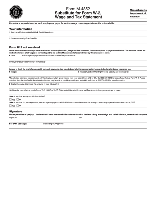 Form M-4852 - Substitute For Form W-2, Wage And Tax Statement Printable pdf