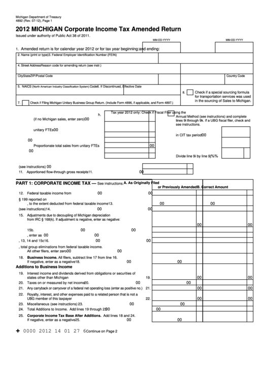 Form 4892 - Corporate Income Tax Amended Return - 2012 Printable pdf