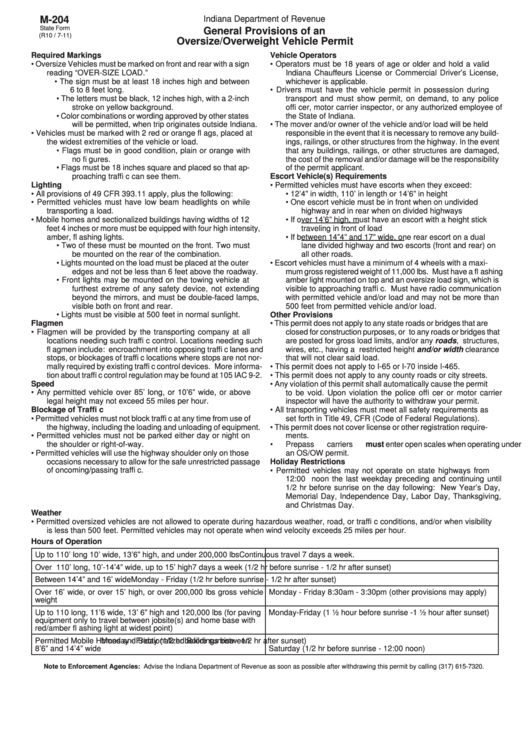 Form M-204 - General Provisions Of An Oversize/overweight Vehicle Permit Printable pdf