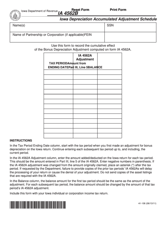 Fillable Form Ia 4562b - Iowa Depreciation Accumulated Adjustment Schedule Printable pdf