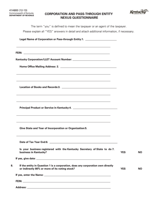 Form 41a800 - Corporation And Pass-Through Entity Nexus Questionnaire Printable pdf