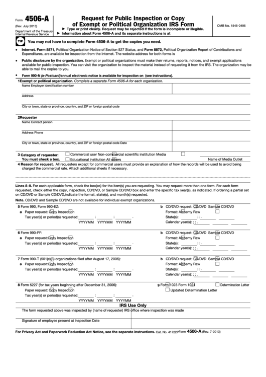 Fillable Form 4506-A - Request For Public Inspection Or Copy Of Exempt Or Political Organization Irs Form Printable pdf