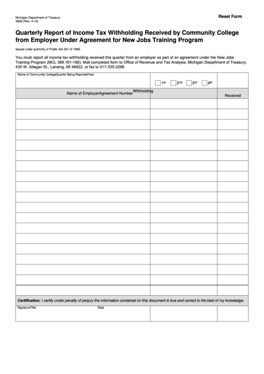 Fillable Form 4808 - Quarterly Report Of Income Tax Withholding Received By Community College From Employer Under Agreement For New Jobs Training Program Printable pdf