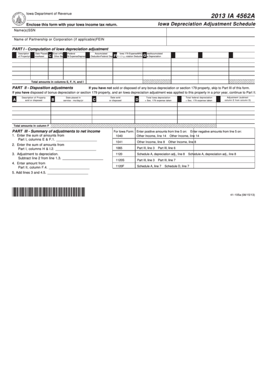 Fillable Form Ia 4562a - Iowa Depreciation Adjustment Schedule - 2013 Printable pdf