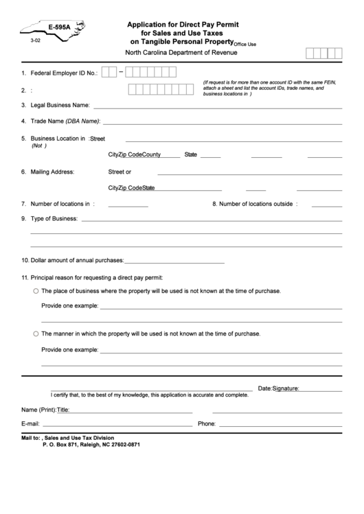 Form E-595a - Application For Direct Pay Permit For Sales And Use Taxes On Tangible Personal Property Printable pdf