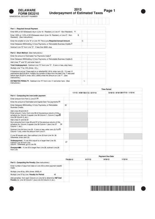 Fillable Form De2210 - Underpayment Of Estimated Taxes - 2013 Printable pdf