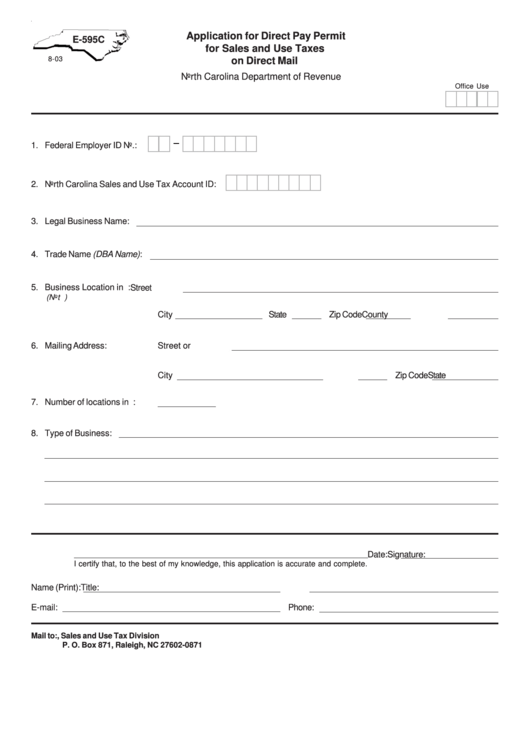 Form E-595c - Application For Direct Pay Permit For Sales And Use Taxes On Direct Mail Printable pdf