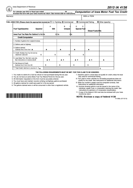 Fillable Form Ia 4136 - Computation Of Iowa Motor Fuel Tax Credit - 2013 Printable pdf