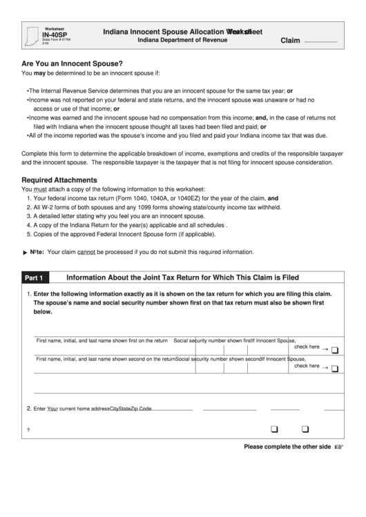 Form In-40sp - Indiana Innocent Spouse Allocation Worksheet Printable pdf