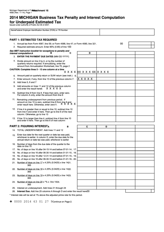 Form 4582 - Business Tax Penalty And Interest Computation For Underpaid Estimated Tax - 2014 Printable pdf