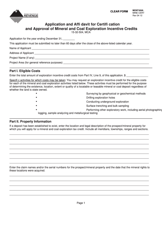 Fillable Form Mine-Cert - Application And Affi Davit For Certifi Cation And Approval Of Mineral And Coal Exploration Incentive Credits Printable pdf