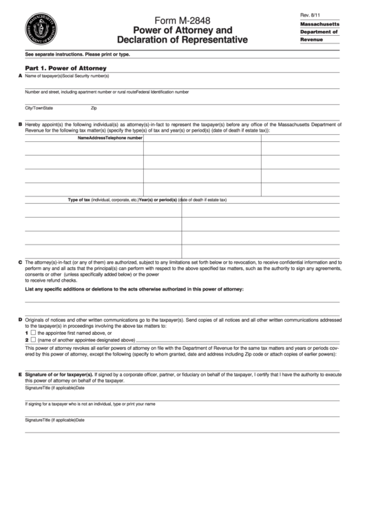 Form M-2848 - Power Of Attorney And Declaration Of Representative Printable pdf