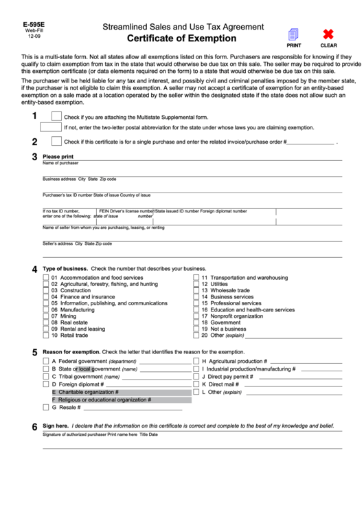 Fillable Form E-595e - Streamlined Sales And Use Tax Agreement - Certificate Of Exemption Printable pdf