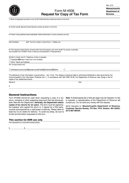 Form M-4506 - Request For Copy Of Tax Form Printable pdf