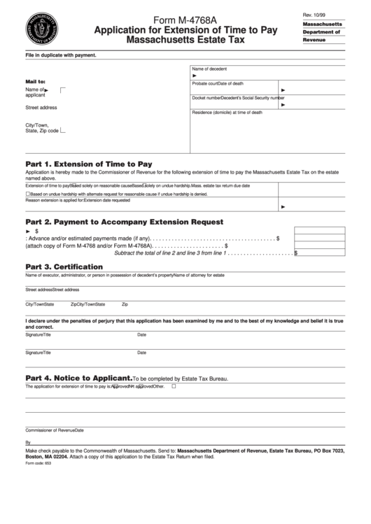 Fillable Form M-4768a - Application For Extension Of Time To Pay Massachusetts Estate Tax Printable pdf