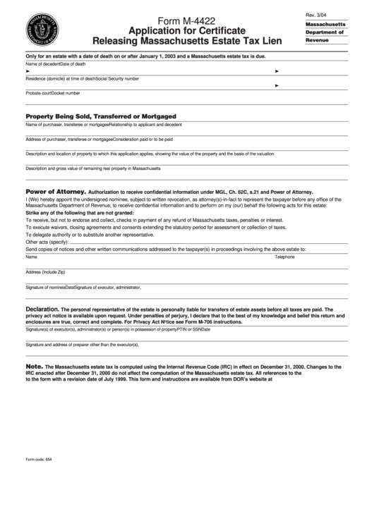 Fillable Form M-4422 - Application For Certificate Releasing Massachusetts Estate Tax Lien Printable pdf