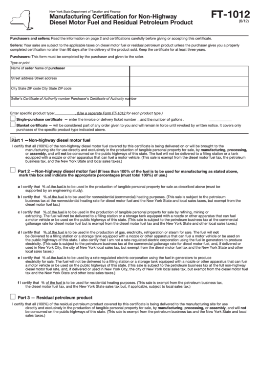 Form Ft-1012 - Manufacturing Certification For Non-Highway Diesel Motor Fuel And Residual Petroleum Product Printable pdf