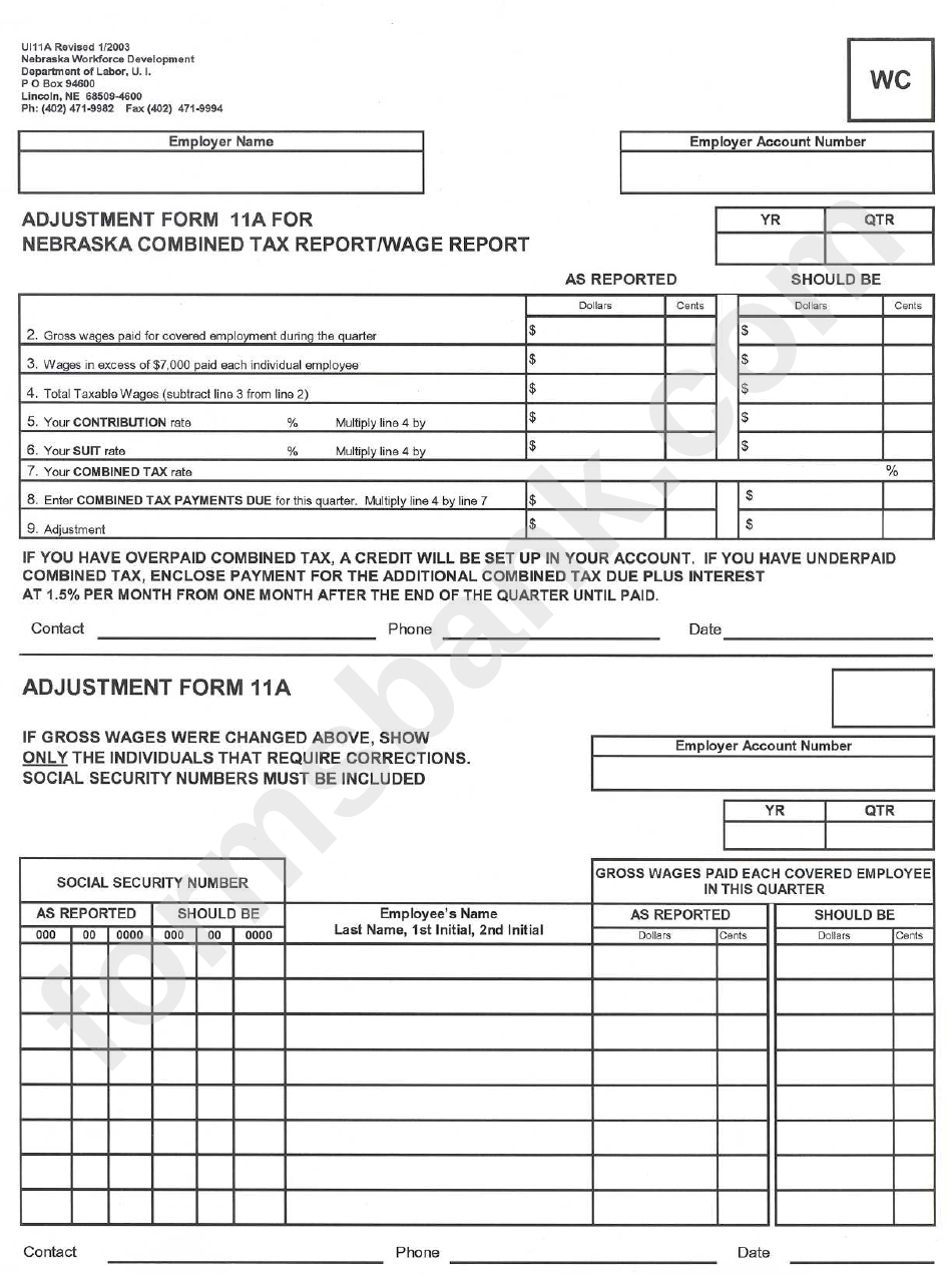 Adjustment Form 11a For Nebraska Combined Tax Report/wage Report