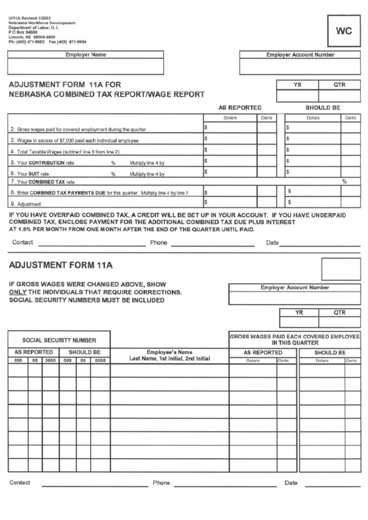 Adjustment Form 11a For Nebraska Combined Tax Report/wage Report Printable pdf
