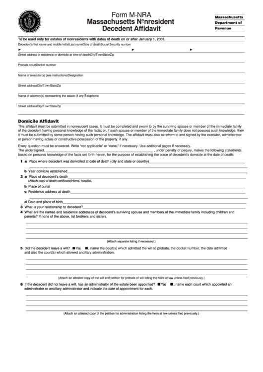 Fillable Form M-Nra - Massachusetts Nonresident Decedent Affidavit Printable pdf