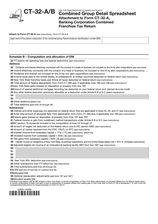 Form Ct-32-A/b - Combined Group Detail Spreadsheet Attachment To Form Ct-32-A, Banking Corporation Combined Franchise Tax Return - 2014 Printable pdf