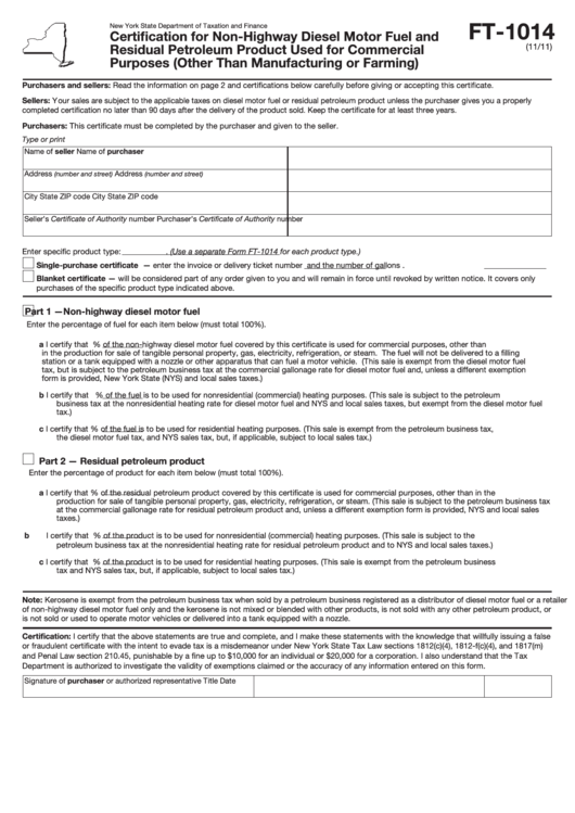 Form Ft-1014 - Certification For Non-Highway Diesel Motor Fuel And Residual Petroleum Product Used For Commercial Purposes Printable pdf